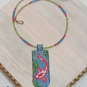 Koi Fish Hand Stitched Pendant Necklace w/Jade Gem